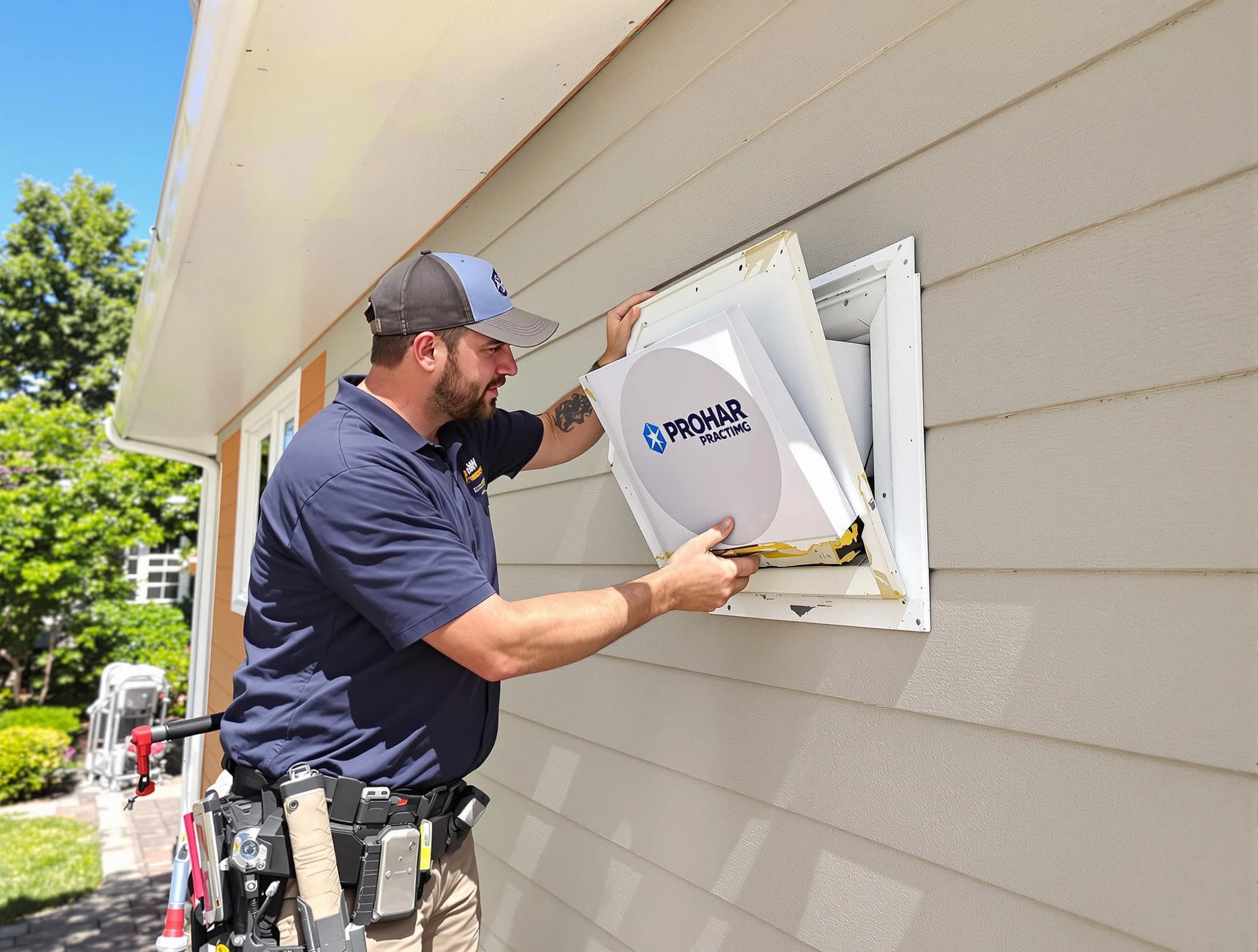 Farr West Dryer Vent Cleaning technician installing a new protective dryer vent cover on a home in Farr West