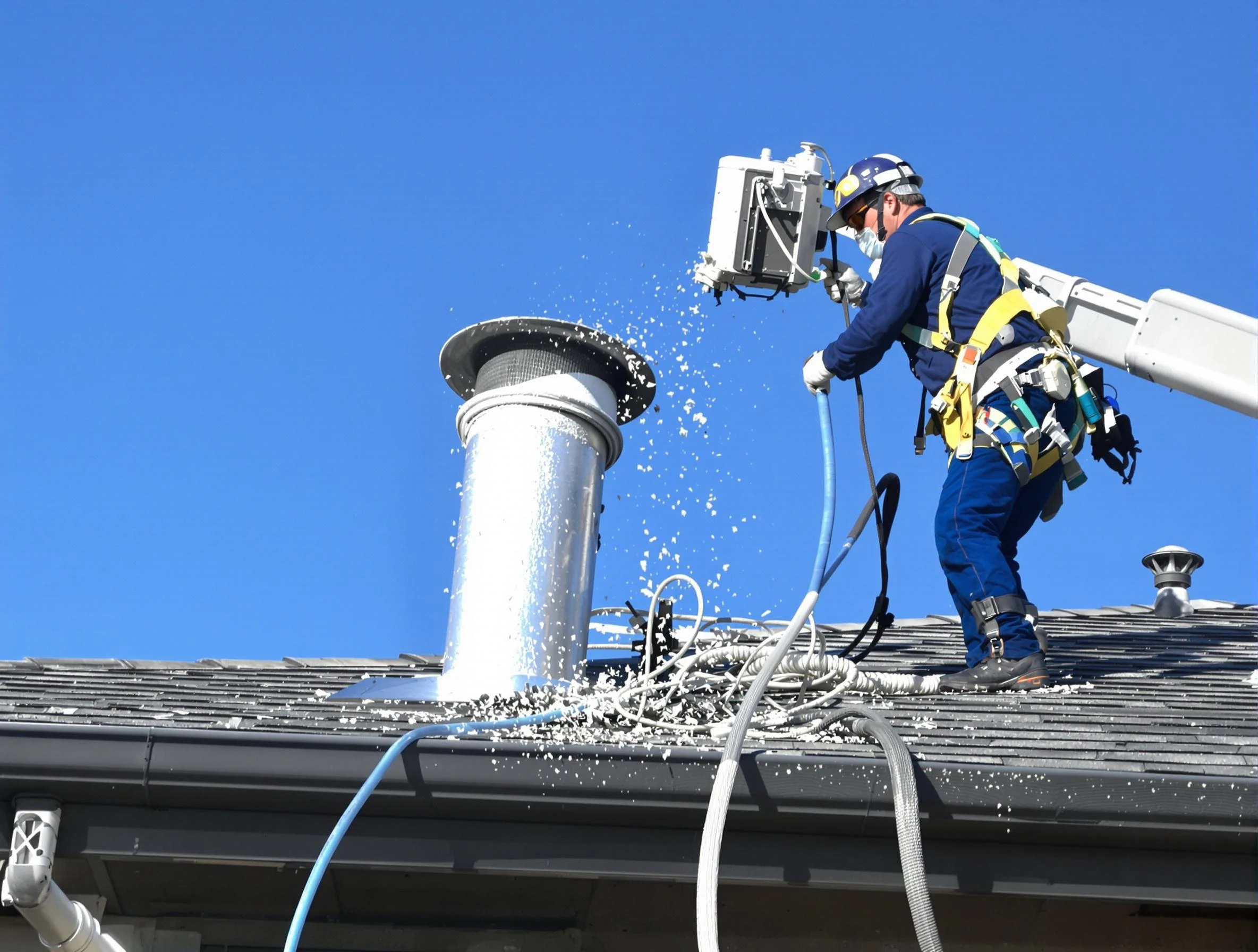 Farr West Dryer Vent Cleaning certified technician safely cleaning a roof-mounted dryer vent in Farr West